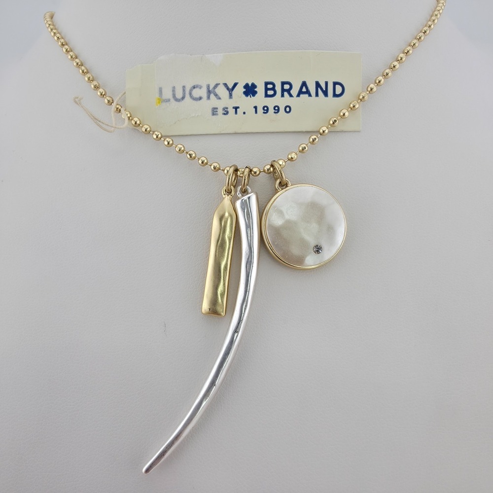 New! LUCKY BRAND Charm Necklace Horn Mother Of Pearl Disc Gold Silver Tone "
